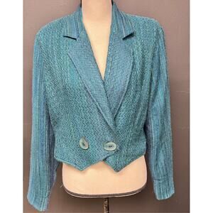 Women's Layna Med/ Lg FiberArt Art to wear cropped Wool Silk blend blazer teal